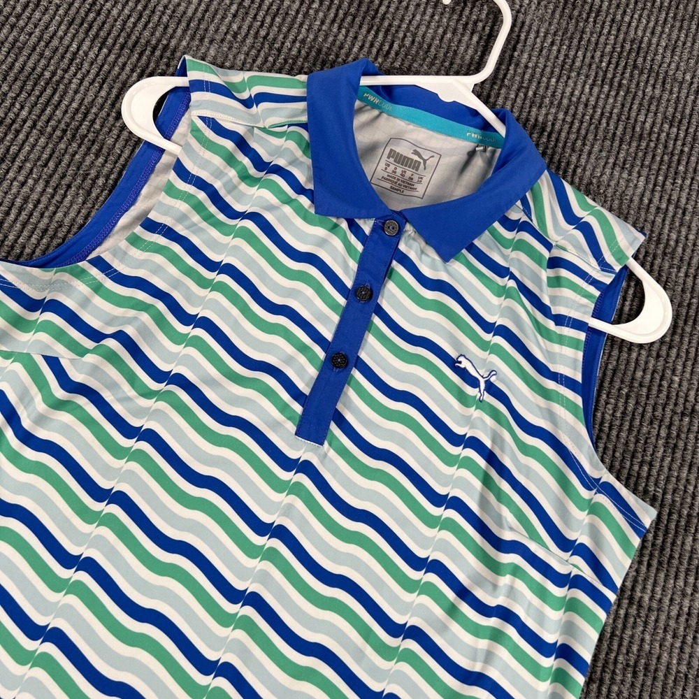 PUMA‎ Polo Shirt Womens Small Blue Striped Sleeveless Golf Tennis Pickleball